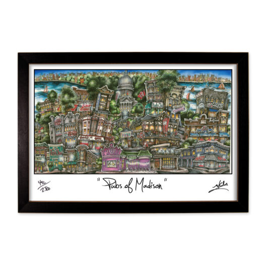 Colorful framed artwork titled "pubs of madison" featuring a whimsical and detailed illustration of various pubs and architectural styles in an urban setting.