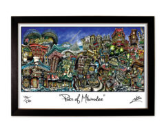 Framed artwork titled "pubs of milwaukee" featuring a colorful and detailed illustration of various iconic buildings and pub scenes in milwaukee.