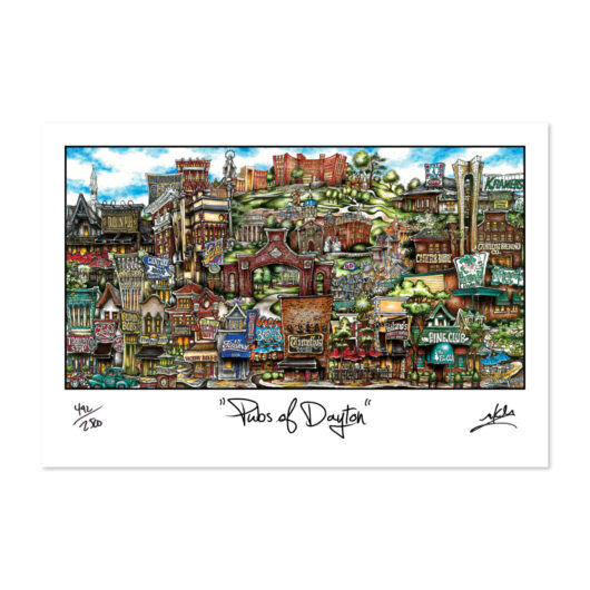 Colorful artistic print titled "pubs of dayton," featuring a whimsical, detailed illustration of various stylized buildings and pubs in dynamic, vibrant colors.