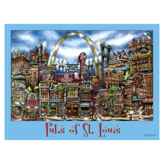 Illustration of various colorful pubs in st. louis with iconic gateway arch in the background, titled "pubs of st. louis.