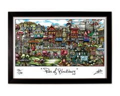 Framed artwork titled "pubs of blacksburg" depicting a colorful, detailed illustration of various bustling pub scenes in an urban setting.