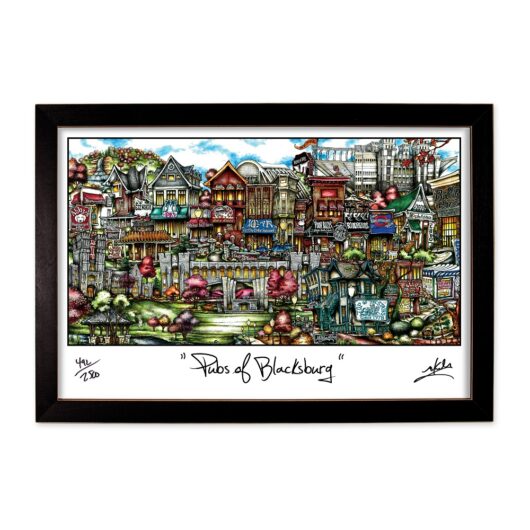 Framed artwork titled "pubs of blacksburg" depicting a colorful, detailed illustration of various bustling pub scenes in an urban setting.