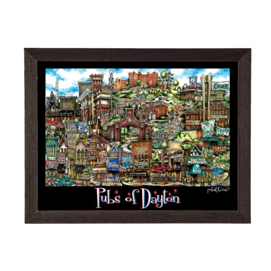 Colorful illustrated poster titled "pubs of dayton" framed in a black, wooden frame, depicting various fictional pubs and buildings in a whimsical style.