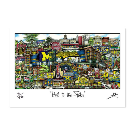 Colorful illustration featuring a bustling Ann Arbor town scene with various buildings and signs, themed around the University of Michigan, titled "pubsOf Ann Arbor, MI - Hail to the Pubs" (print).
