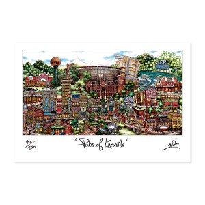 Illustration titled "University of Tennessee pubsOf Knoxville, TN," depicting colorful, detailed drawings of various buildings and lively street scenes in an urban setting.