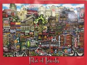 Colorful artwork depicting a vibrant and whimsical street scene titled pubsOf