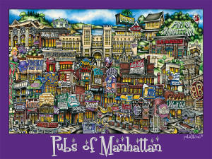 Colorful map of Manhattan pubs with purple frame