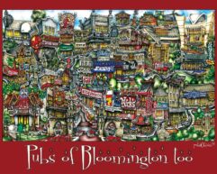 A poster of pubs of bloomington too with lots of stores in cartoon format