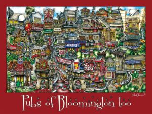 A poster of pubs of bloomington too with lots of stores in cartoon format