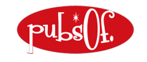 Oval red logo featuring the text "pubsof." in white cursive font, with a small white star and a graphic of a golf flag on the left side.