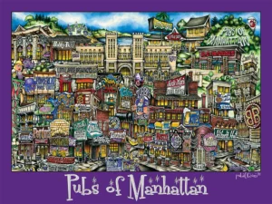 Illustrated Manhattan pubs collage on purple border